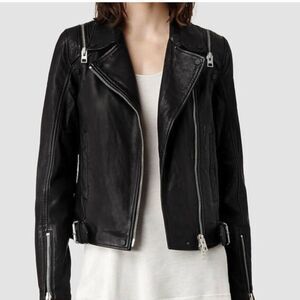 AllSaints Range Biker Black Leather Jacket 2-in-1 Removable Sleeves - Vest US 0